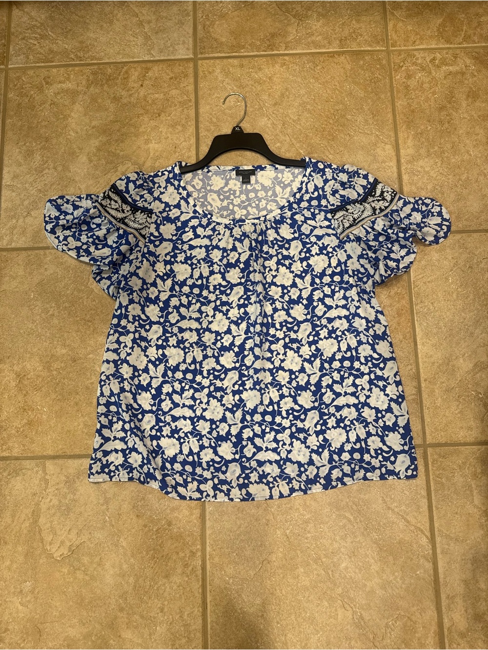 Ann Taylor Blue and White Floral Ruffle Blouse